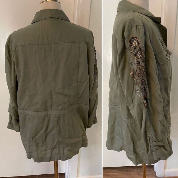 Chico's Lightweight Olive Utility Jacket with Embroidery, Beading & Sequins Size - Picture 4 of 5